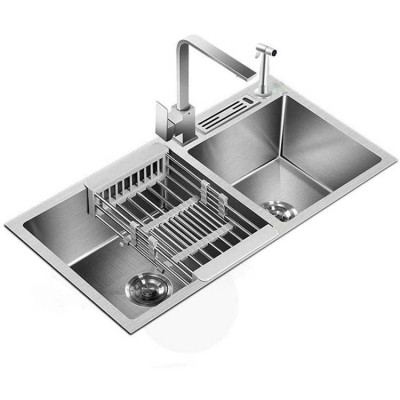 multi-function double bowl with knife shelf and soap dispenser stainless steel kitchen sink