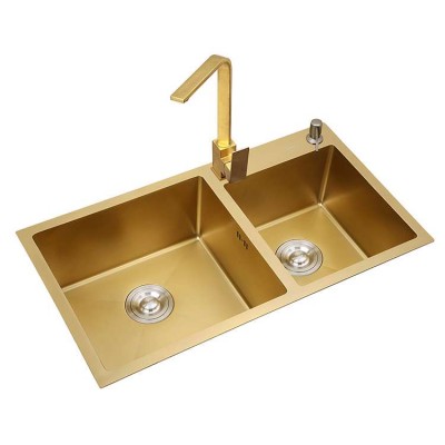 Stainless steel gold color double bowl nano titanium 304 kitchen handmade sink