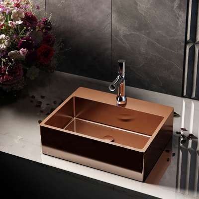 Simple rose gold color single bowl handmade wash basin stainless steel bathroom sink