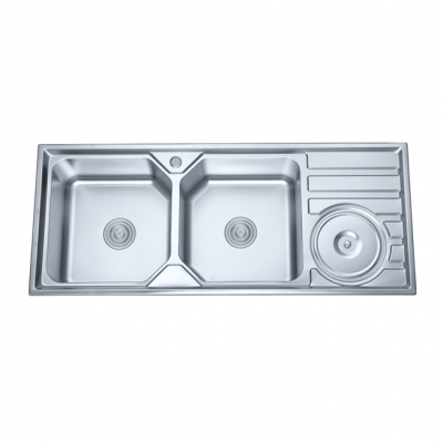 Factory manufacture electroplating double bowl stainless steel kitchen sink with drainboard